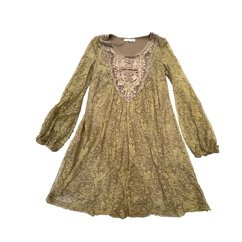 Altar'd State Mini Lace Dress Brown Tan Long Sleeve Boho Hippie Size S Festival